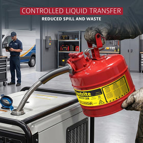 Justrite safety can in a workshop setting demonstrating rugged use and spill reduction benefits