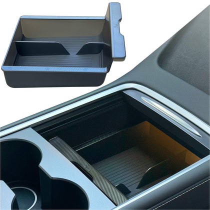 JVMA front view installed in Tesla console showing organized storage and quick access