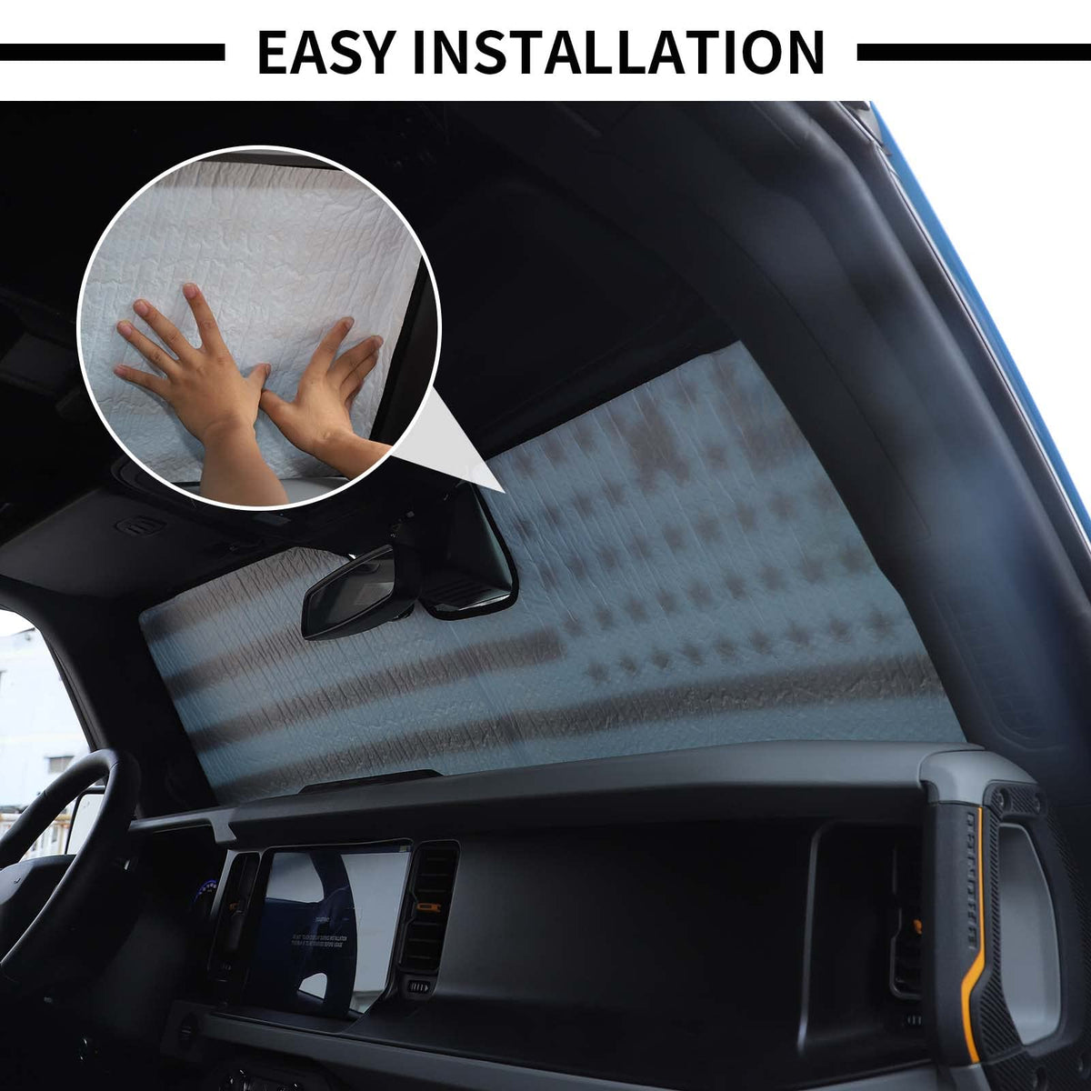 JWWY folded sunshade tucked into pouch for compact storage and portability