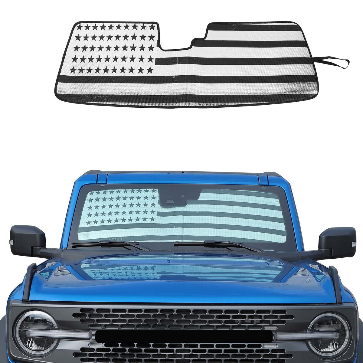 JWWY front view showing US flag sunshade on windshield with neat fit
