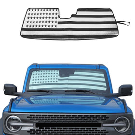 JWWY front view showing US flag sunshade on windshield with neat fit