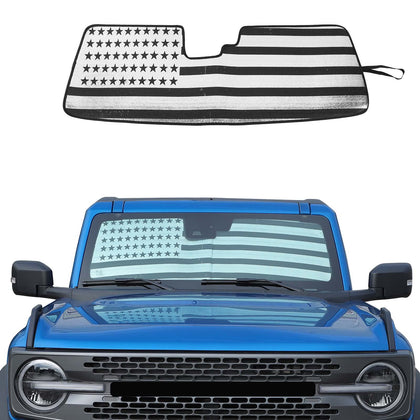JWWY front view showing US flag sunshade on windshield with neat fit