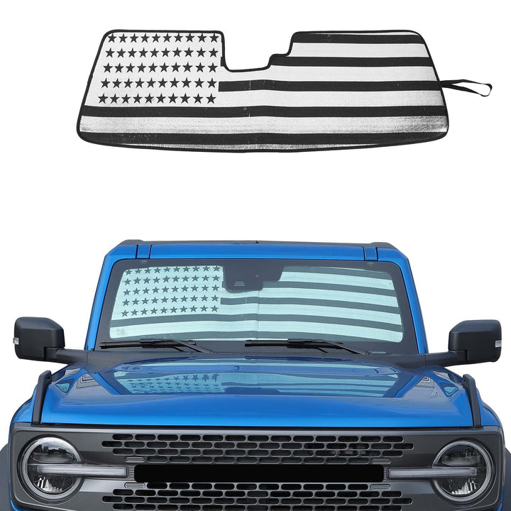 JWWY front view showing US flag sunshade on windshield with neat fit