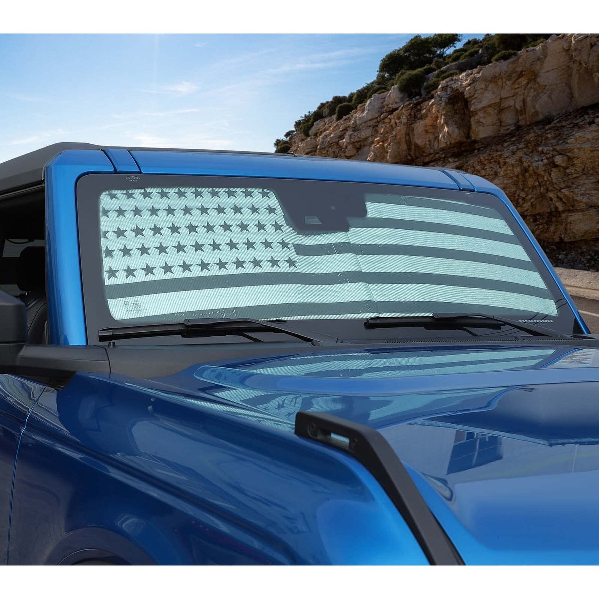 JWWY sunshade installed inside Bronco reducing glare and interior heat