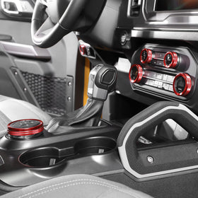 JWWY red knob covers in Bronco interior adding bold visual upgrade