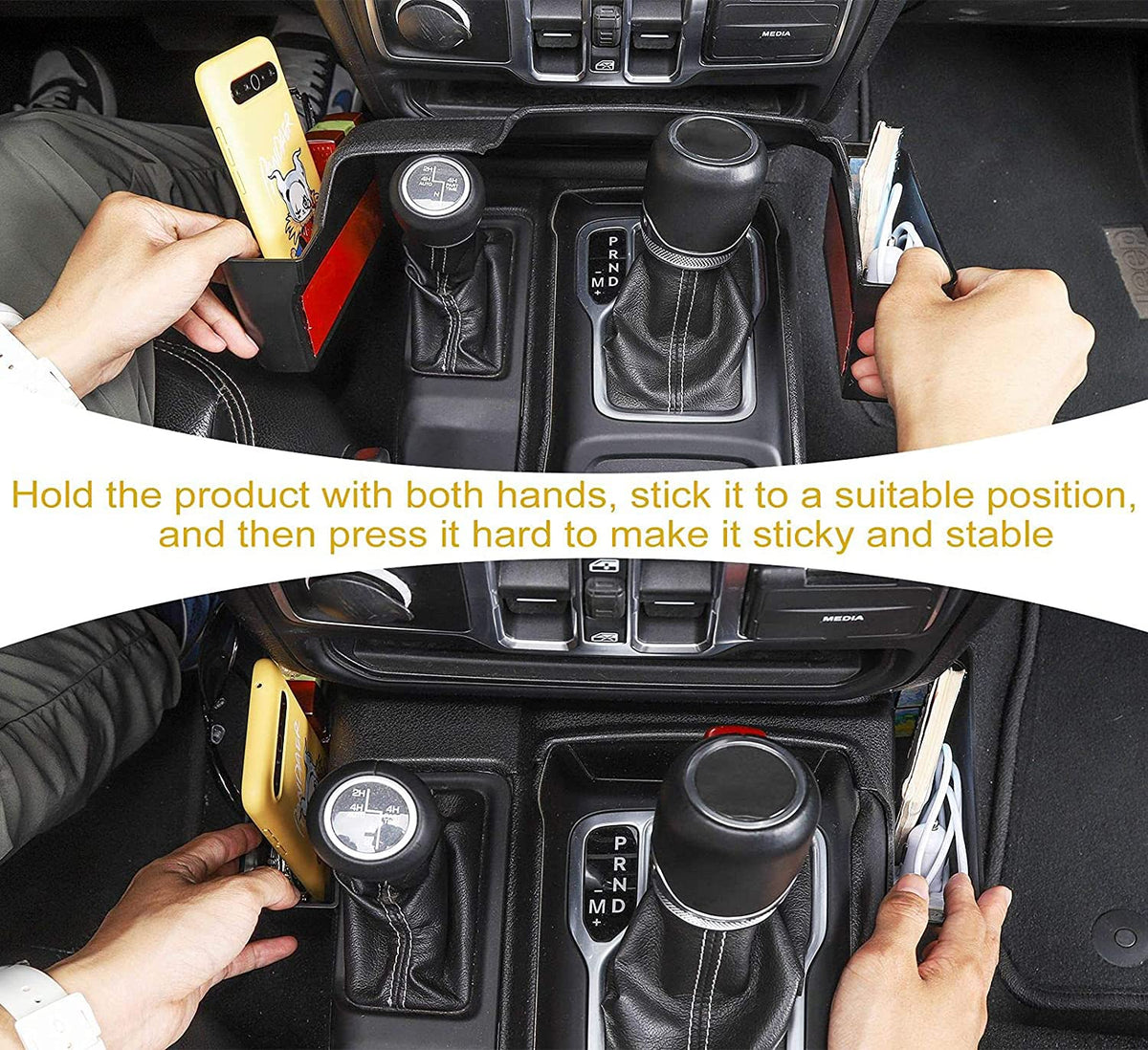 JWWY tray beside gear shift illustrating compact scale and precise console fit