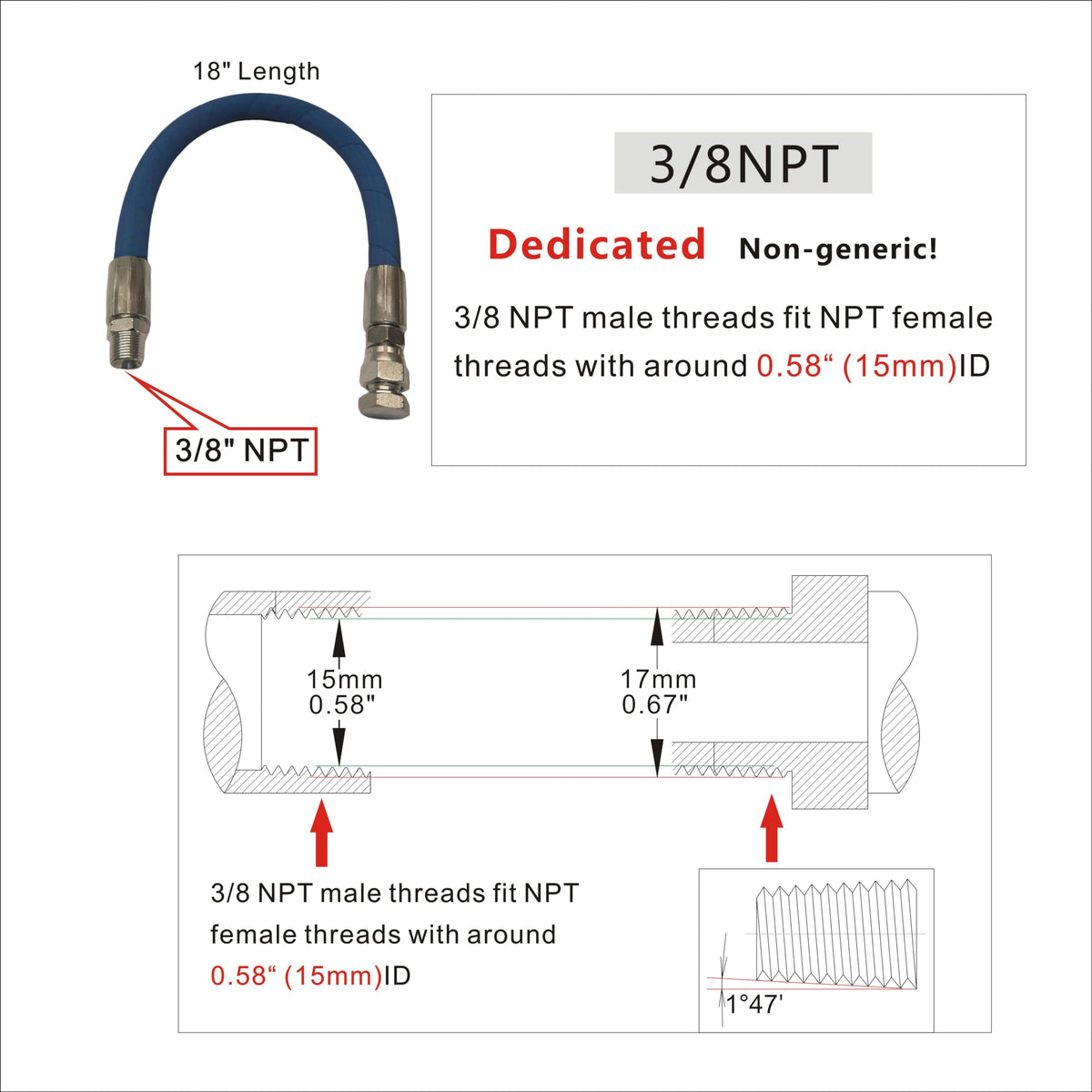 JXHONG 18-inch hose laid beside ruler showing length for safer oil routing