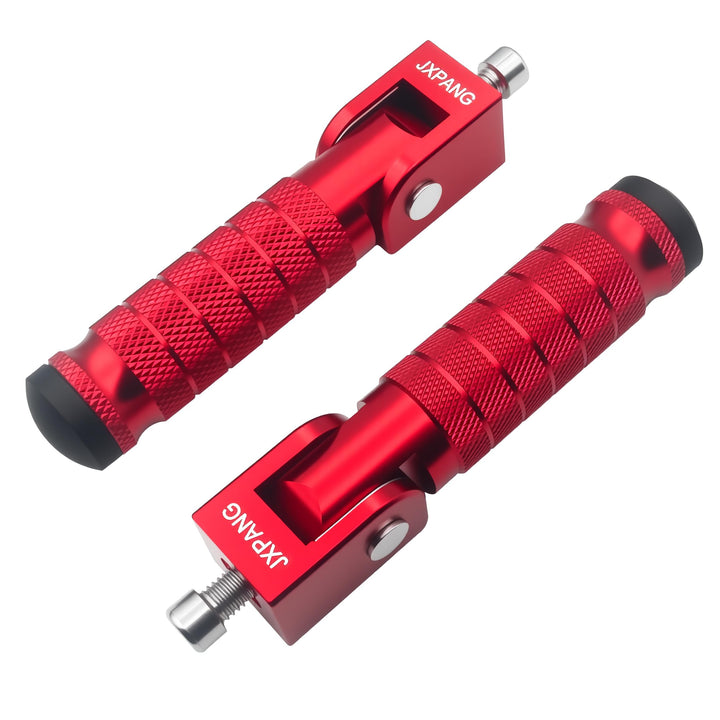 JXPANG front view of red foot pegs showing profile and mounting ease