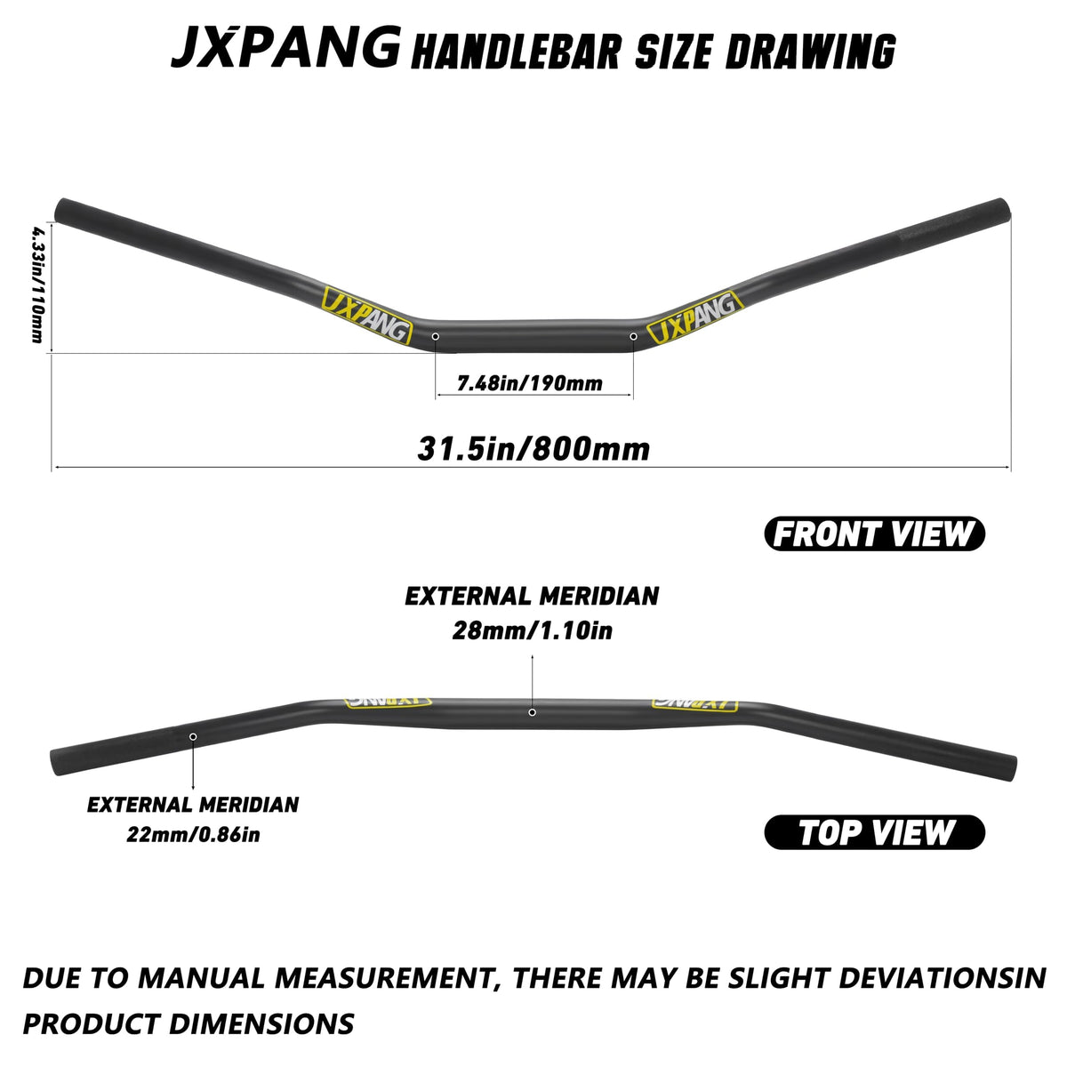 JXPANG handlebar measurements showing 800mm length and 110mm rise for correct fit