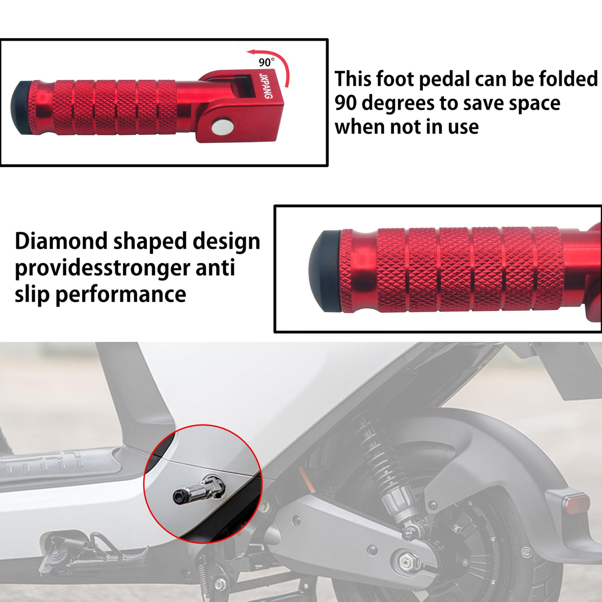 JXPANG folded foot peg profile demonstrating compact storage benefit