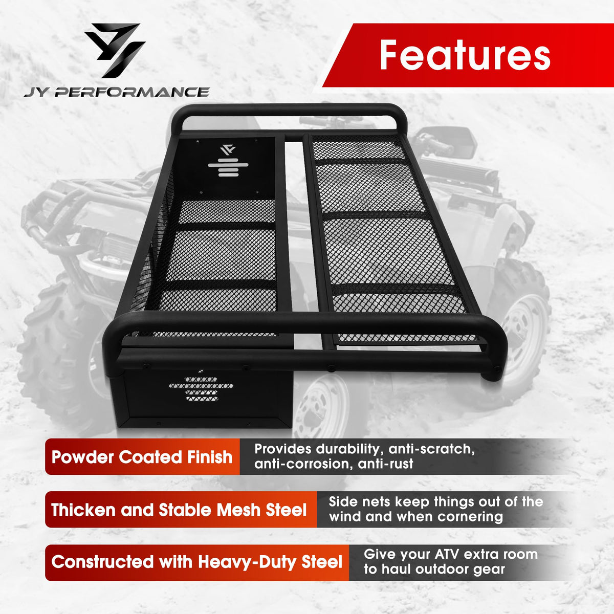JY PERFORMANCE basket mounted on ATV demonstrating secure cargo carrying benefit