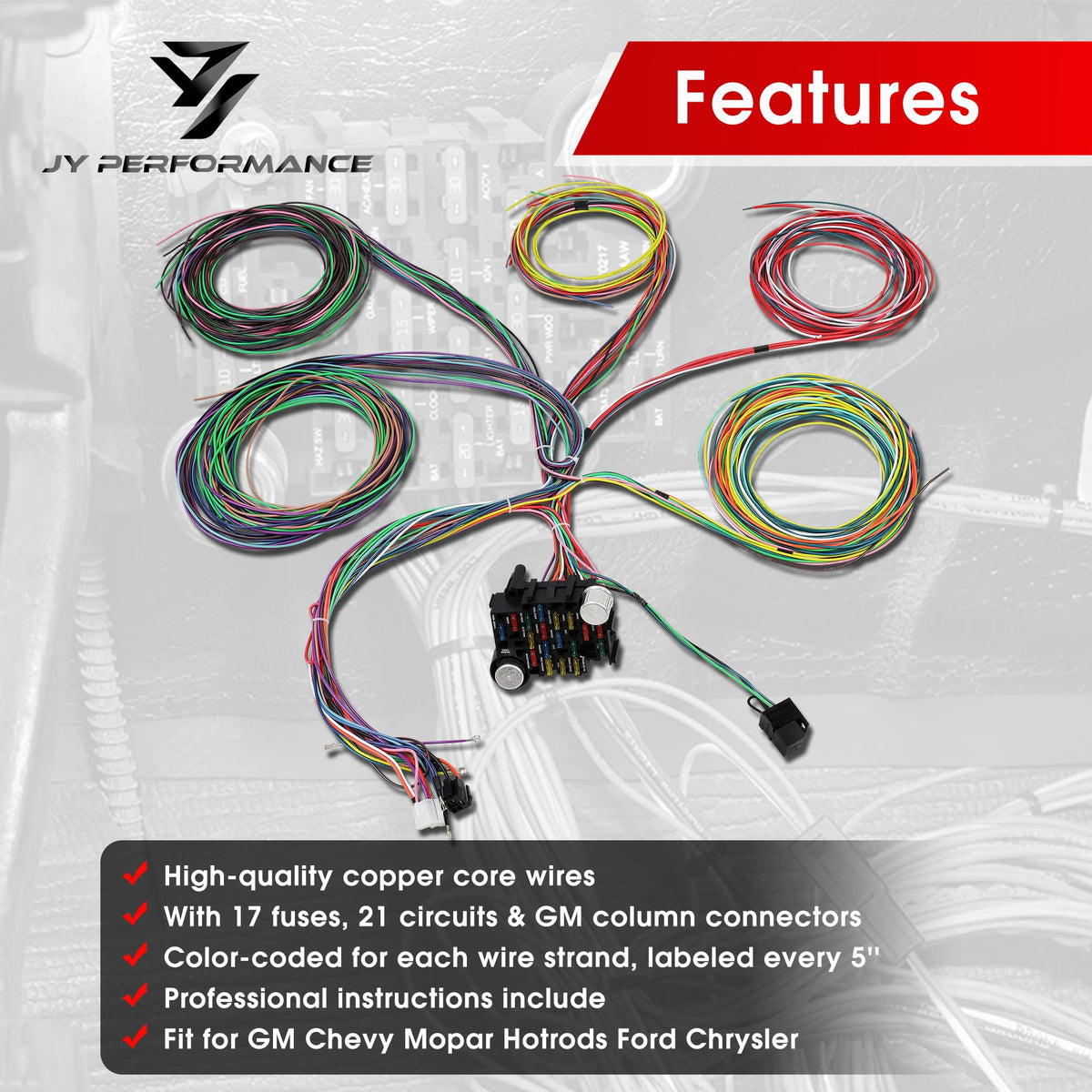 JY PERFORMANCE close-up of labeled wires for fast identification and reduced errors