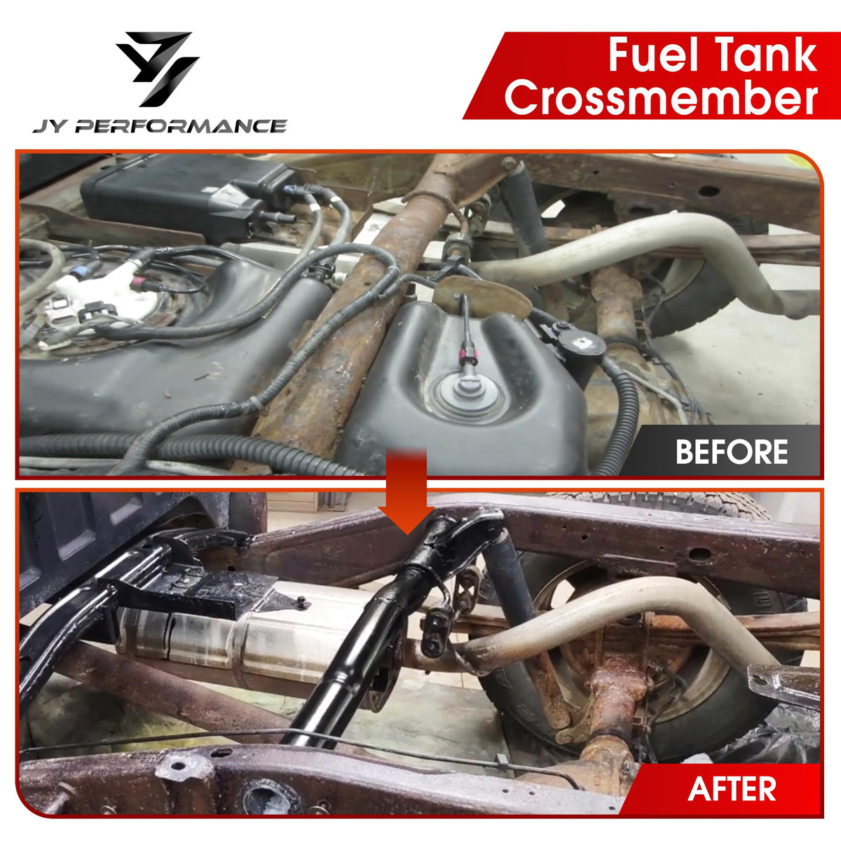 JY PERFORMANCE crossmember mounted under a Silverado demonstrating correct placement benefit proper support