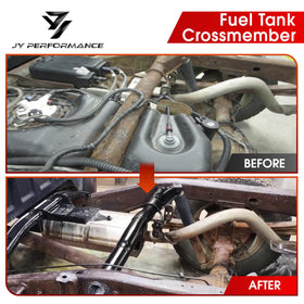 JY PERFORMANCE crossmember mounted under a Silverado demonstrating correct placement benefit proper support