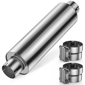 JY PERFORMANCE front view muffler showing polished 8-inch body and inlet benefit