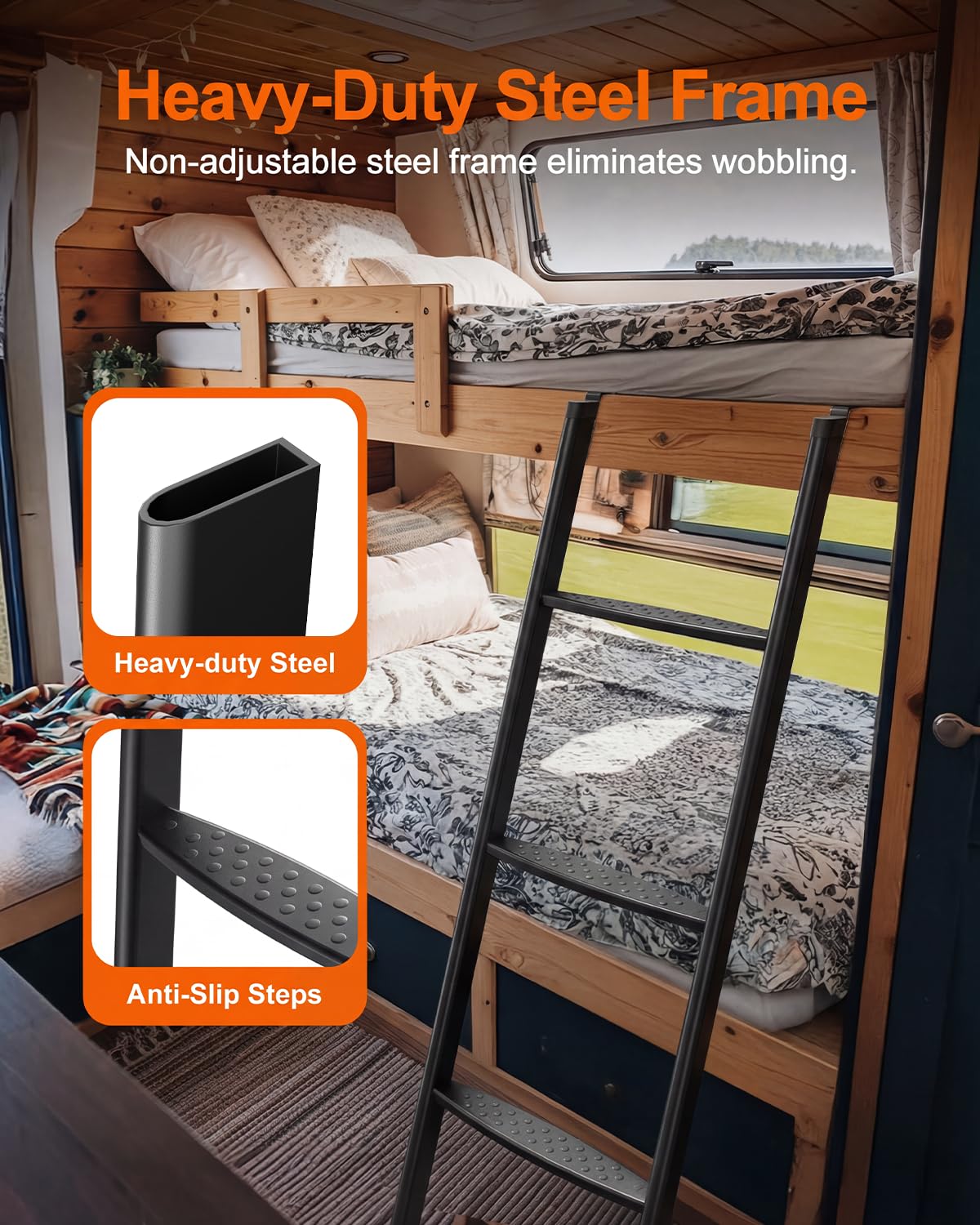 JY PERFORMANCE ladder installed in RV bunk showing secure, rattle-free fit