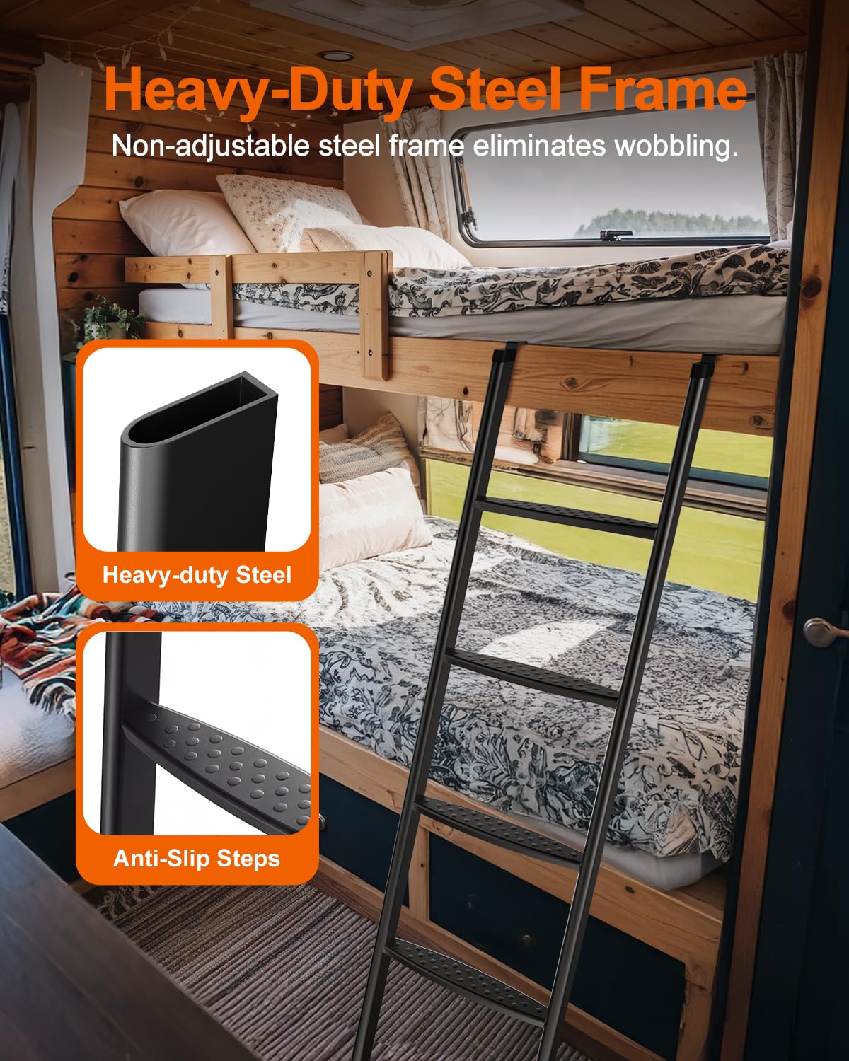 JY PERFORMANCE ladder installed in RV demonstrating secure, rattle-free mounting advantage