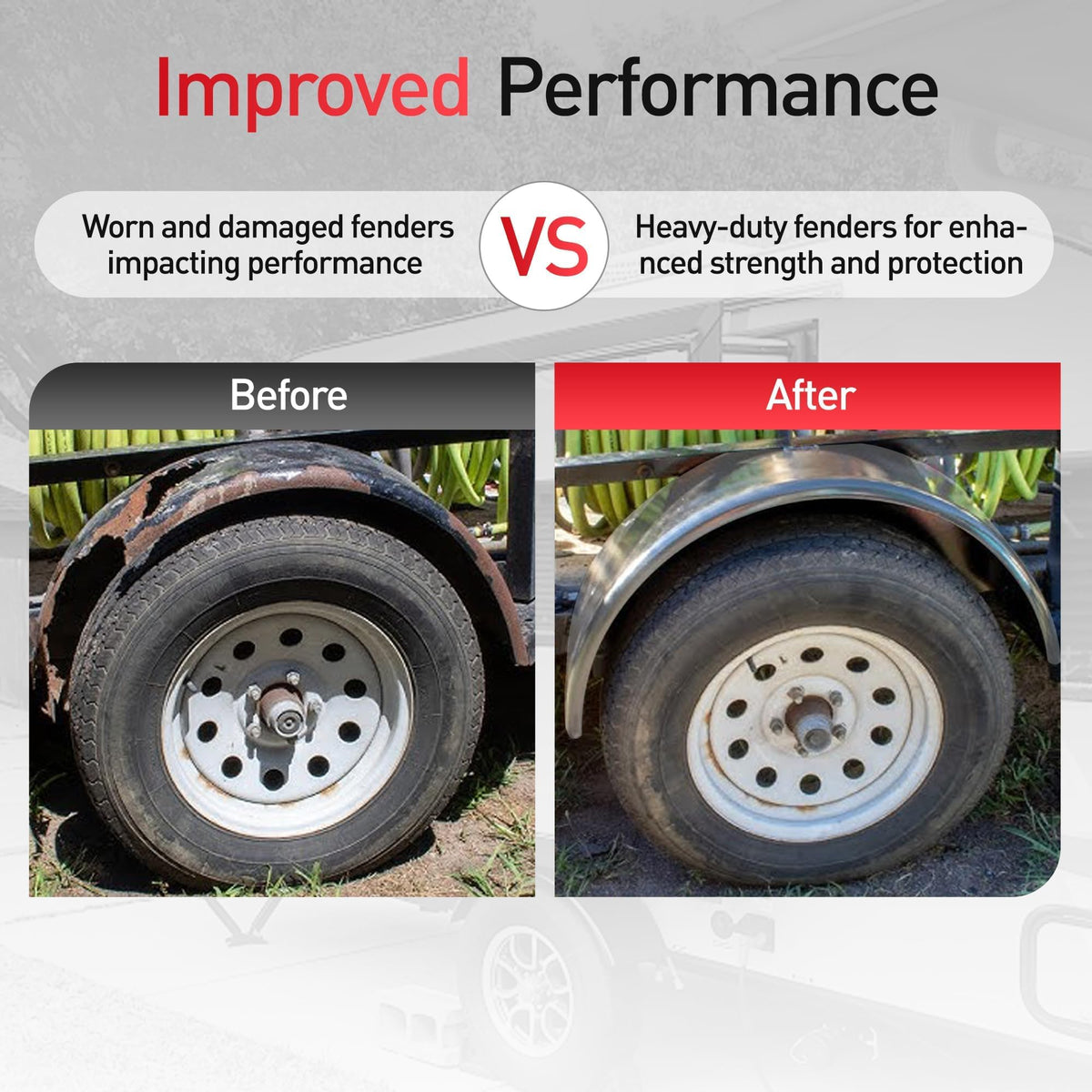JY PERFORMANCE fender mounted on single-axle trailer demonstrating fitment