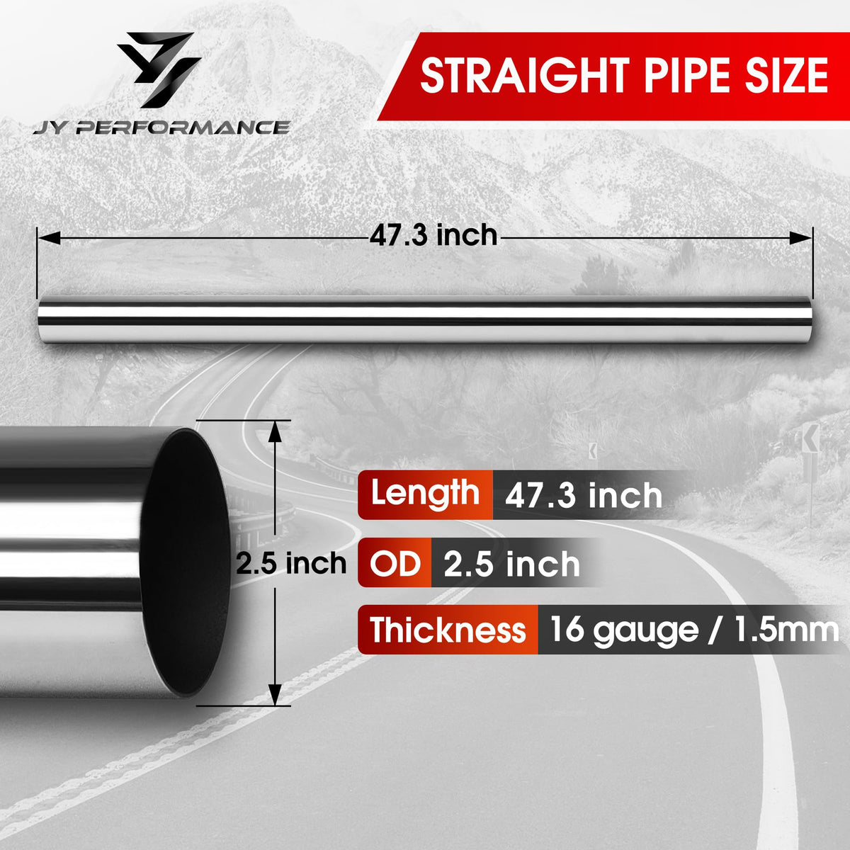JY PERFORMANCE pipe laid beside measuring tape illustrating 47.3 inch length for accurate planning