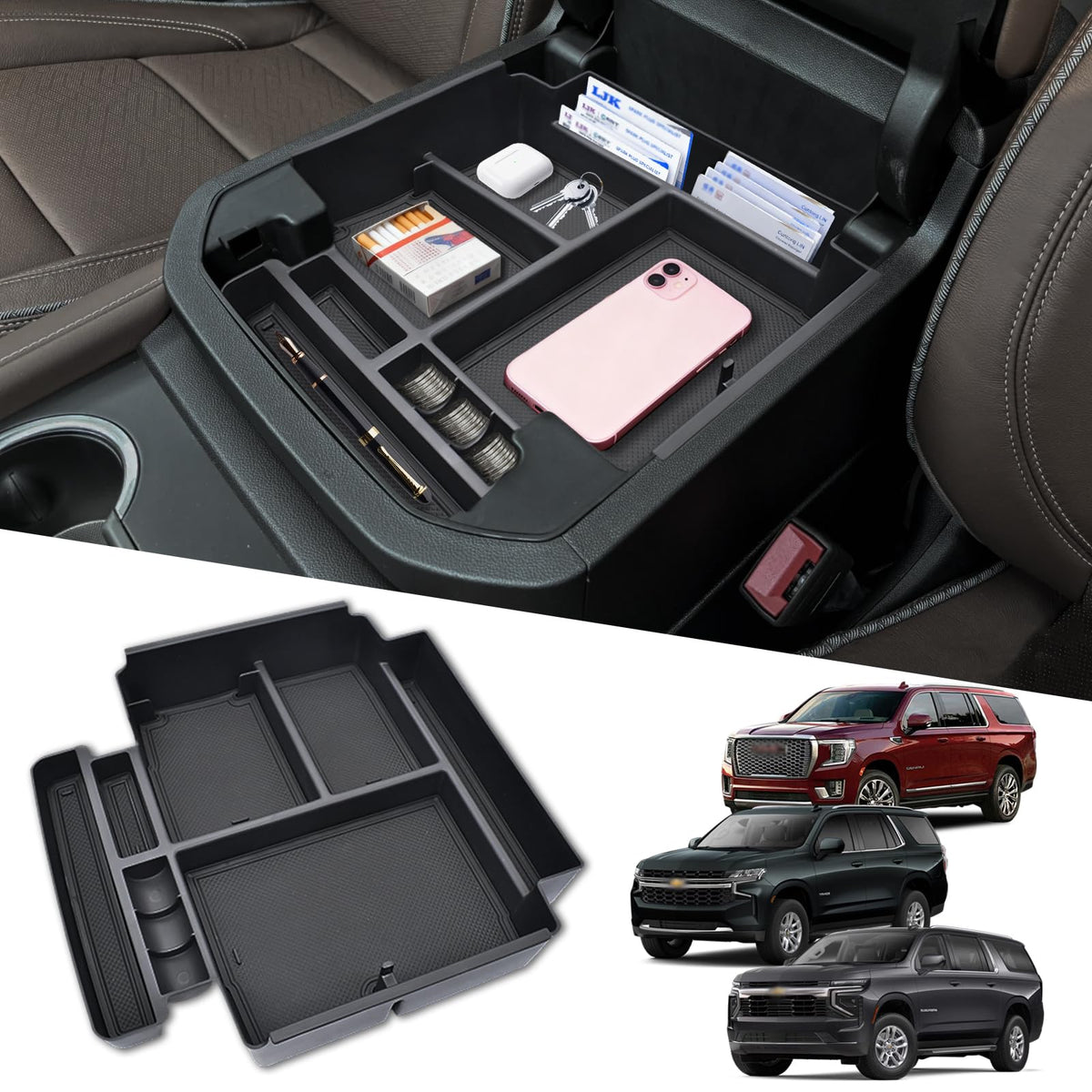 JYMAOYI front view of console organizer showing neat compartments and instant organization
