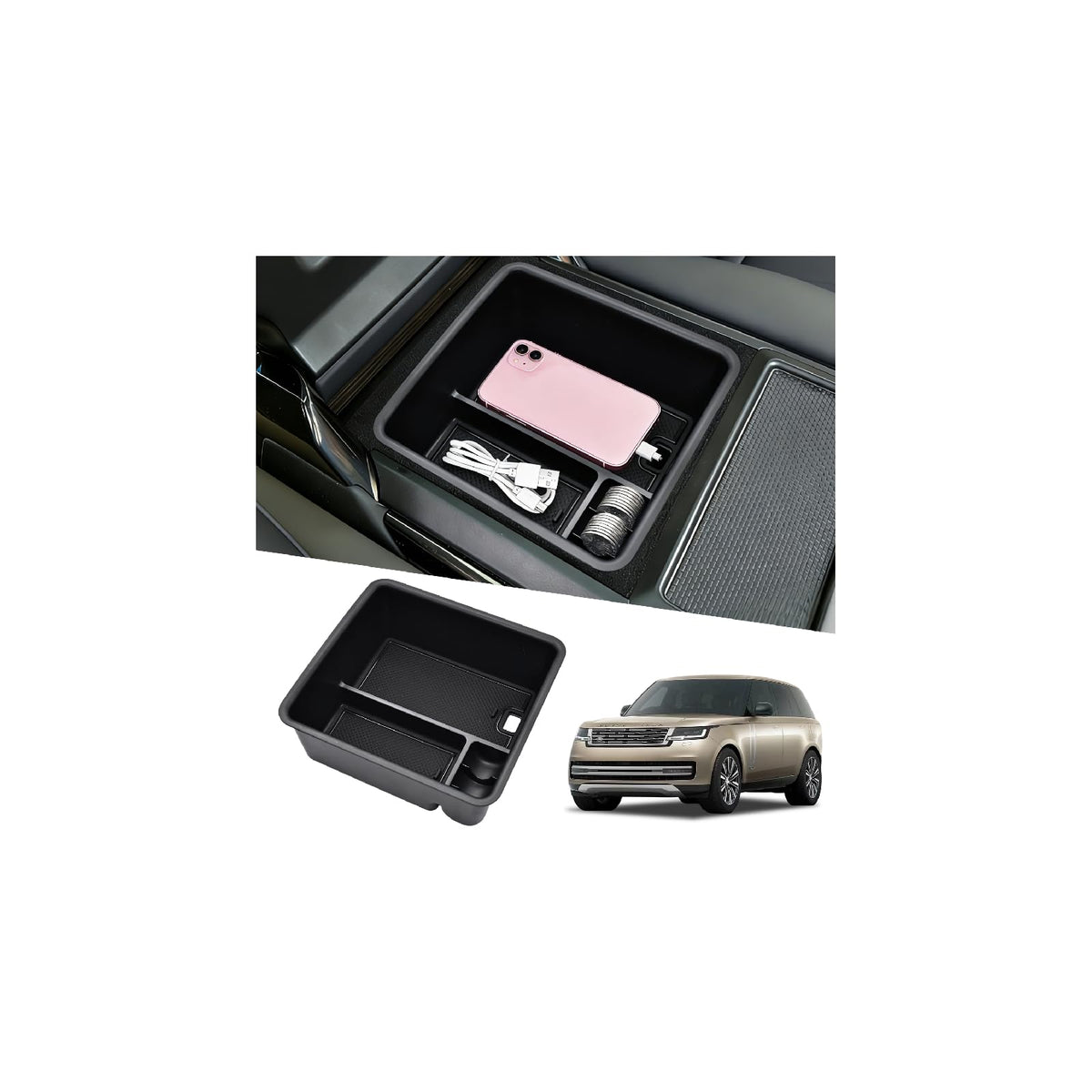 JYMAOYI front view of console organizer showing tidy compartments and improved organization