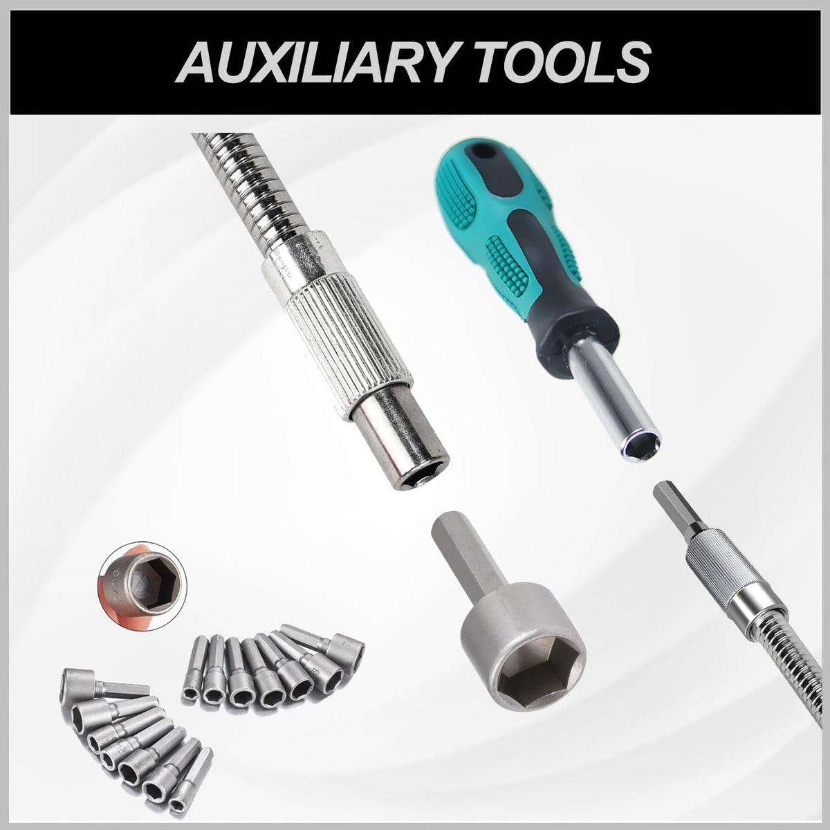 Jyphorixal socket adapters and hardware organized for versatile bolt compatibility