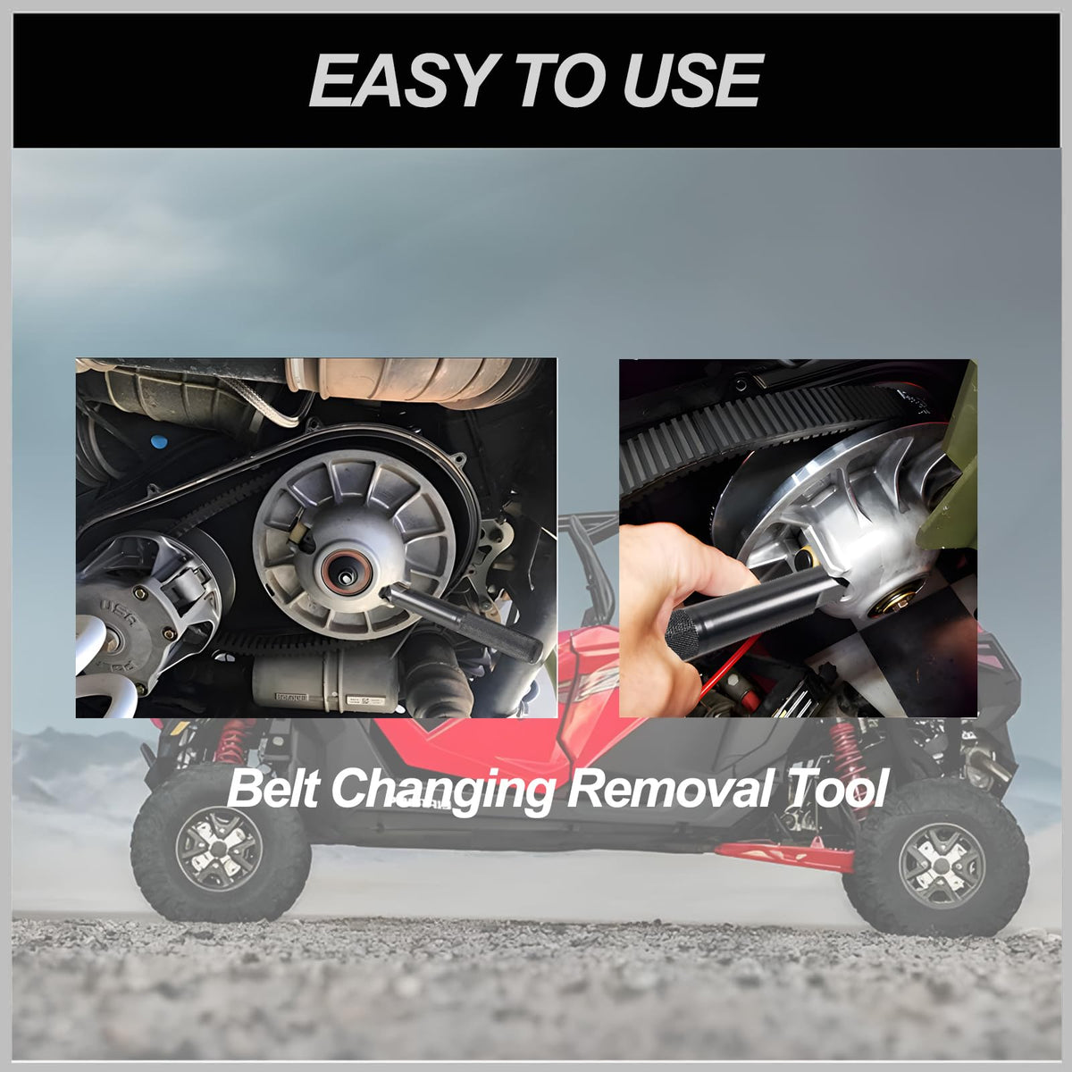 Jyphorixal tool engaged on Polaris RZR clutch enabling safer belt removal