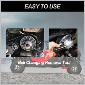 Jyphorixal tool engaged on Polaris RZR clutch enabling safer belt removal