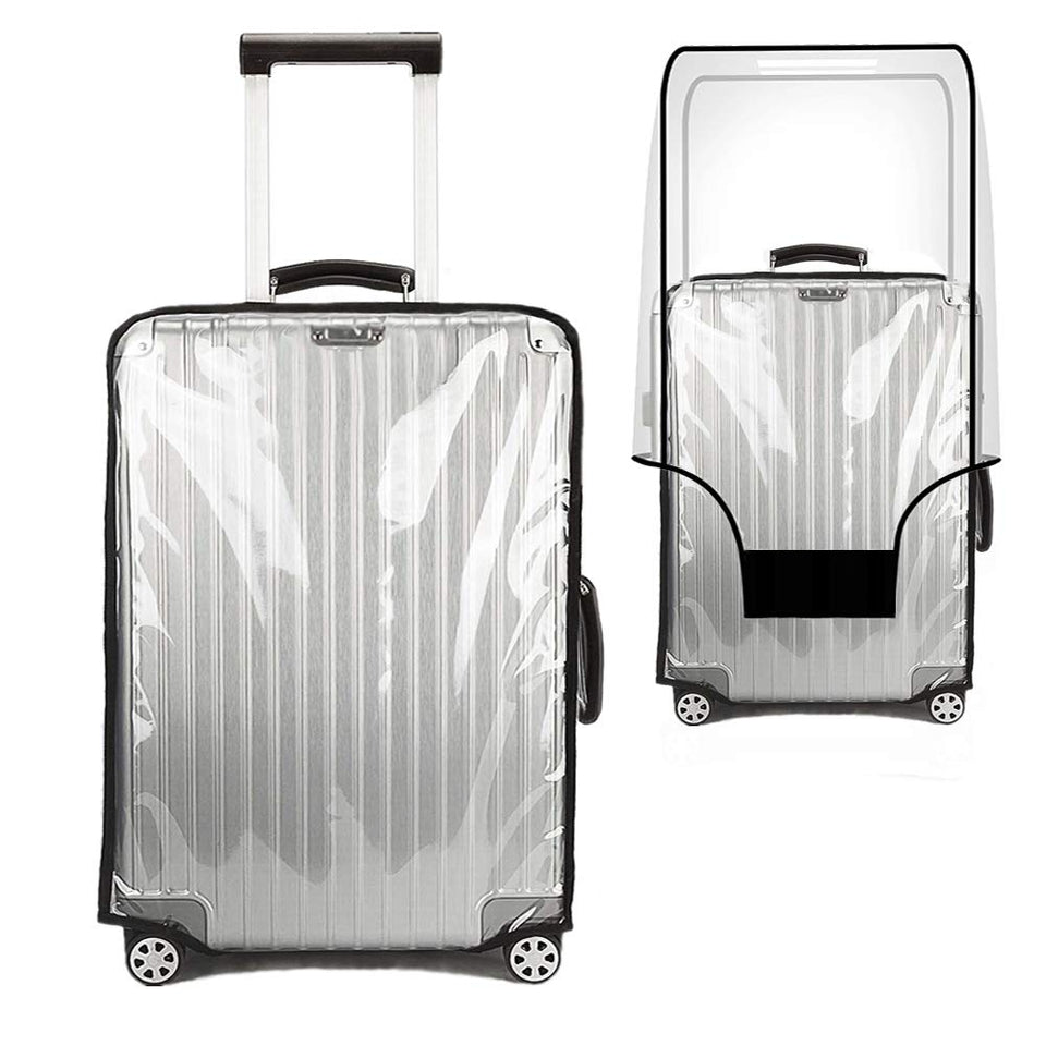 JZRSuitcase front view showing clear cover protecting suitcase, highlighting protection benefit