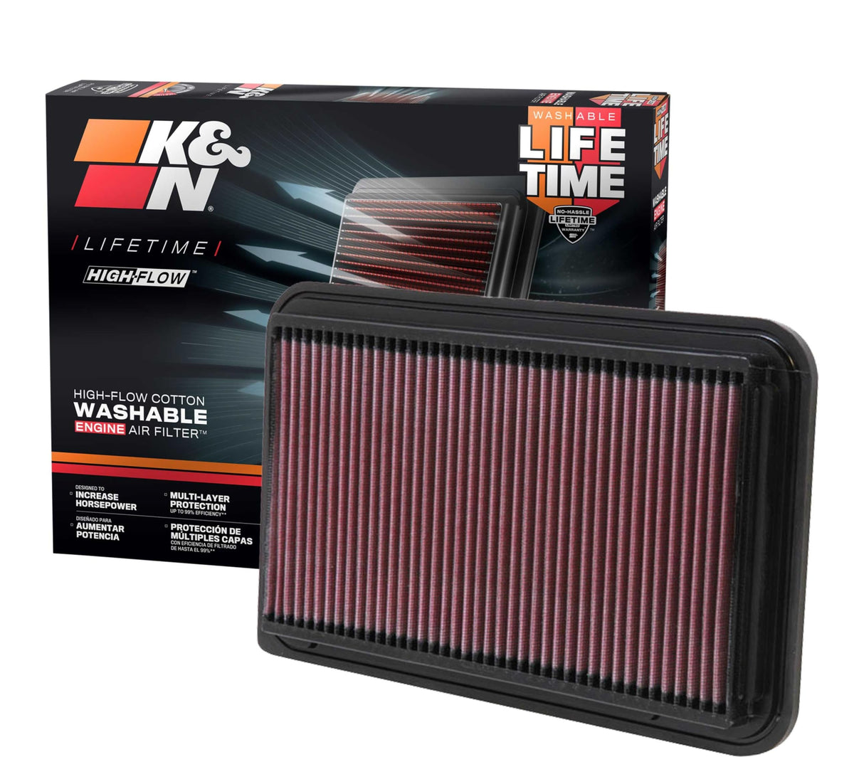 K&N front packaging showing model 33-2260 and fitment benefits