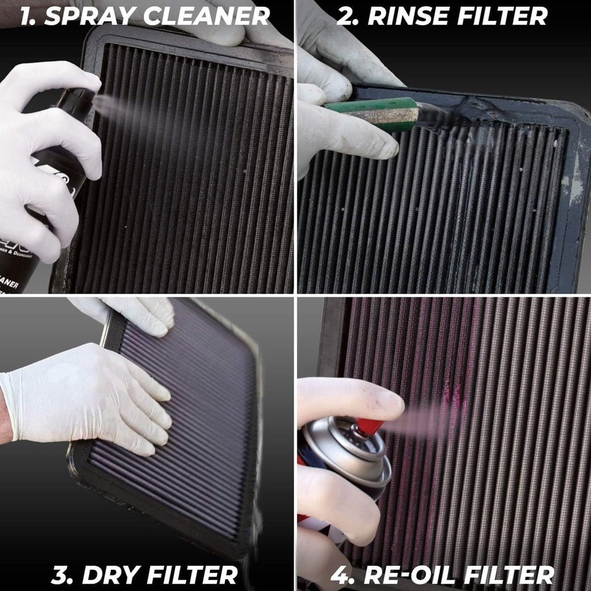 K&N filter rinsing under water to remove loosened contaminants