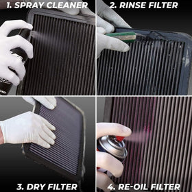 K&N filter rinsing under water to remove loosened contaminants