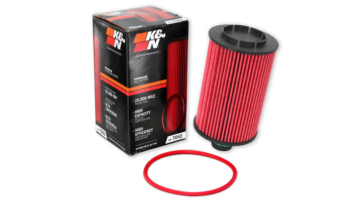 K&N HP-7042 front canister showing durable construction and brand