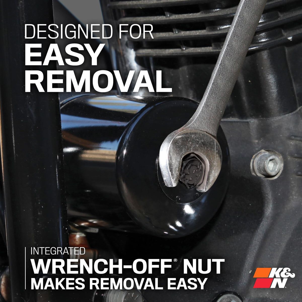 K&N welded 17mm hex detail enabling fast wrench-off removal and tool convenience