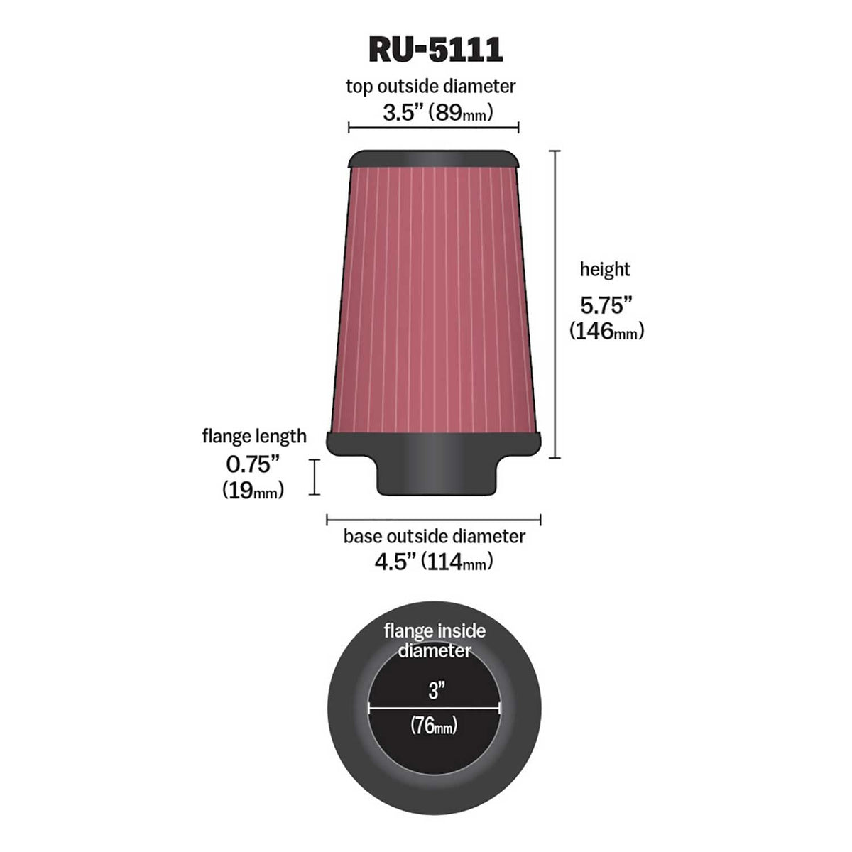 K&N RU-5111 tapered side profile showing cone shape and improved flow