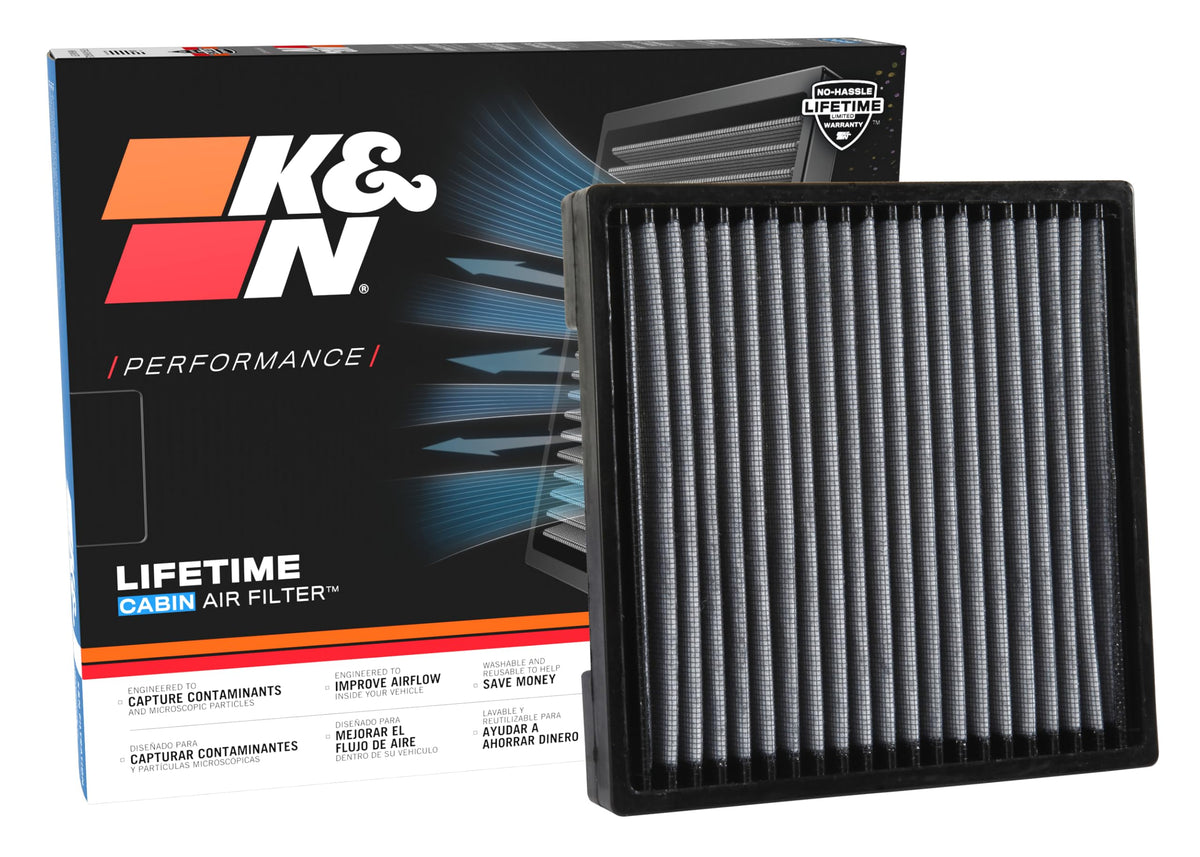 K&N VF1013 front view showing packaging and ready-to-install filter benefit airflow