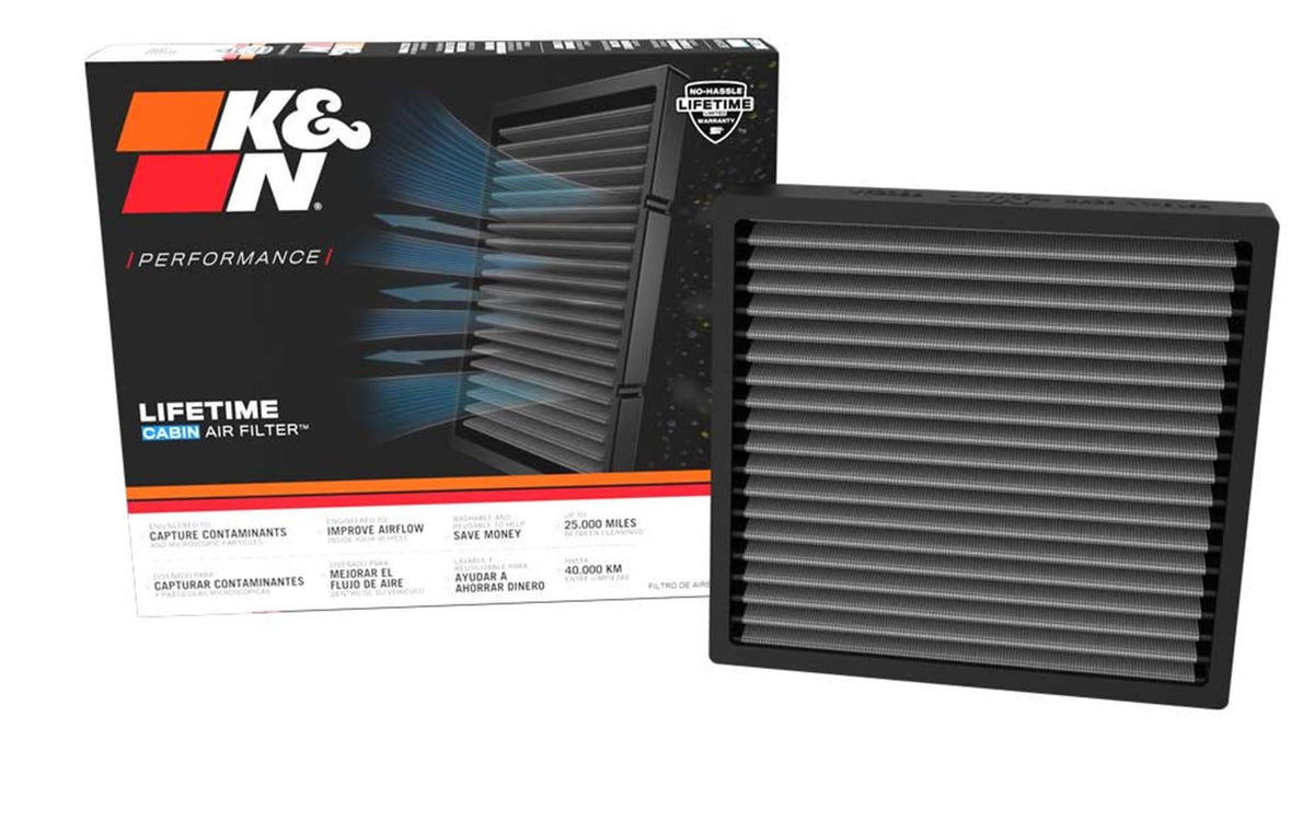 K&N VF2086 front packaging showing durable washable cabin filter benefits