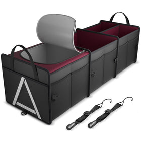 K KNODEL front view of red trunk organizer showing sturdy structure and storage benefit