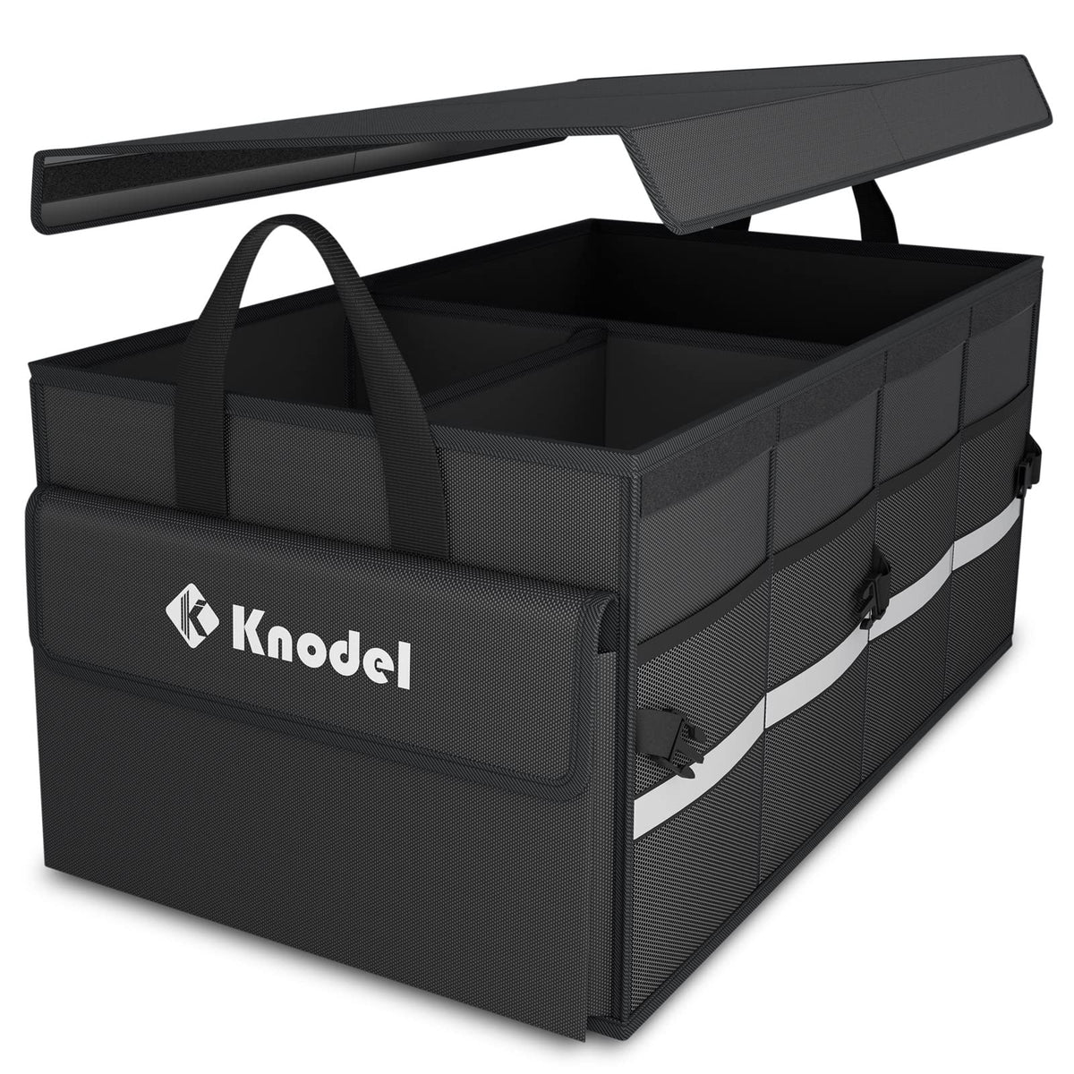 K KNODEL front view of medium black organizer showing organized storage benefit