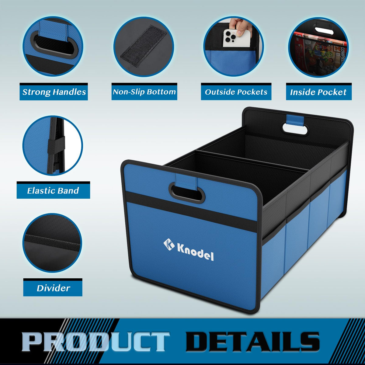 K KNODEL interior division and mesh pockets for tidy item separation