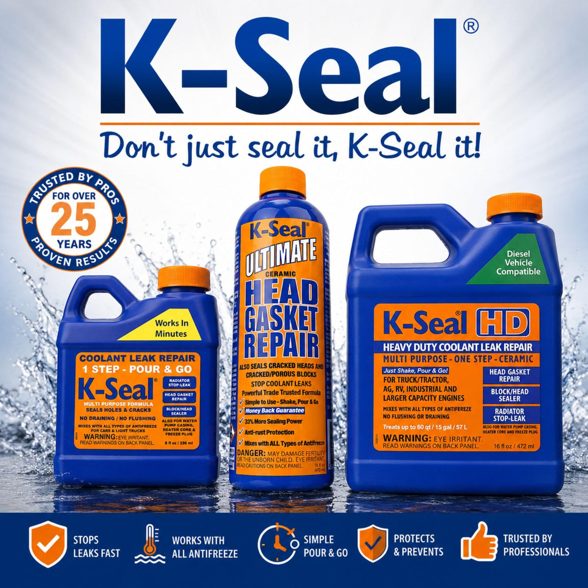 K-Seal bottle beside a heavy truck in bay showing fleet-ready solution