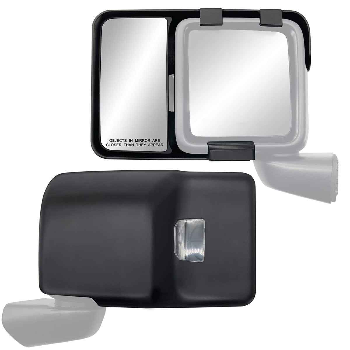 K Source towing mirror mounted on Jeep showing extended visibility and clean fit