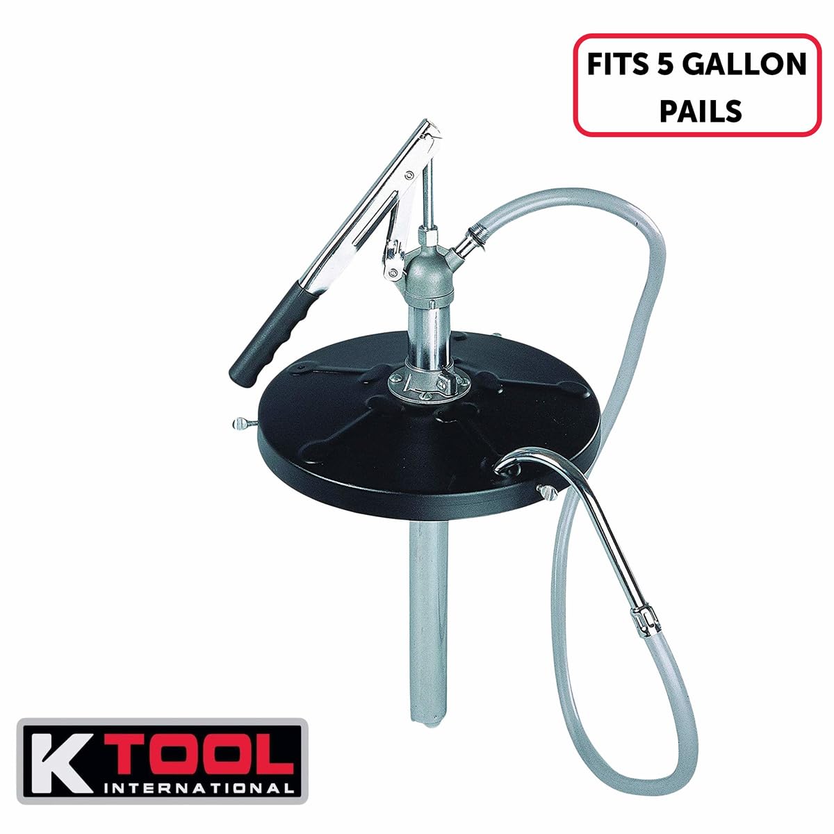 K Tool International pump mounted on 12-inch drum cover securing a 5-gallon pail