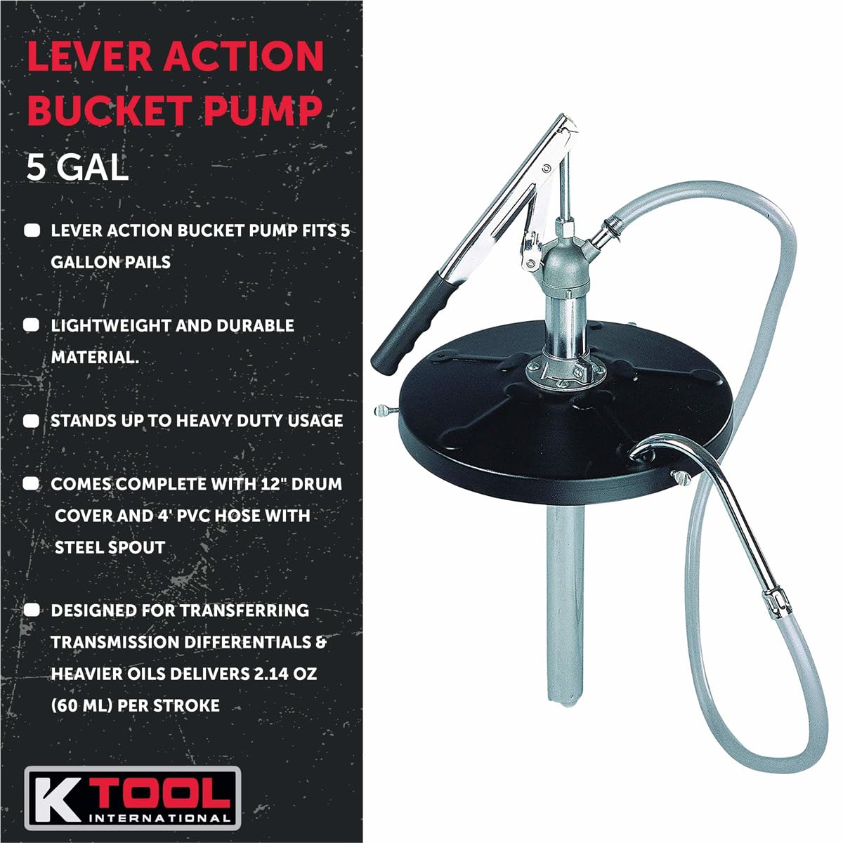 K Tool International pump installed in 5-gallon pail for stable, mess-free dispensing