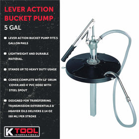 K Tool International pump installed in 5-gallon pail for stable, mess-free dispensing