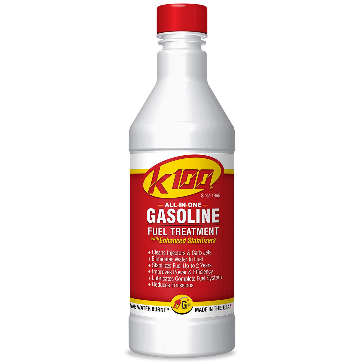 K100 front bottle view showing label and benefits for cleaner combustion