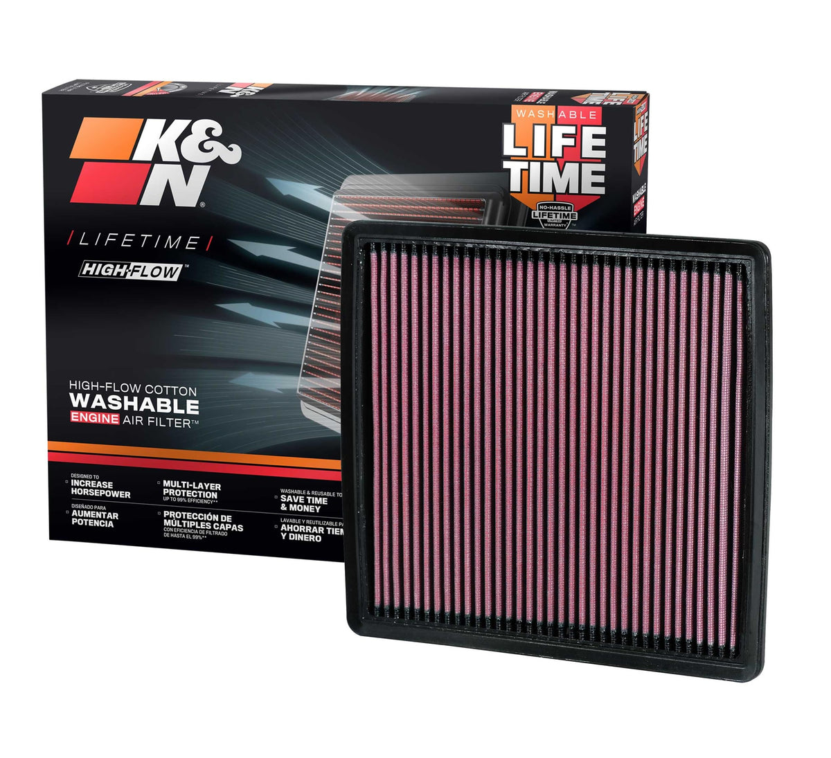 K&N front packaging 33-2385 showing compatibility and ready-to-install benefit