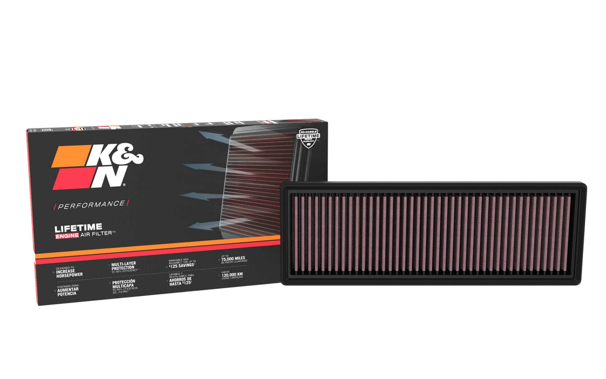 K&N front view showing filter shape and packaging with clear fitment