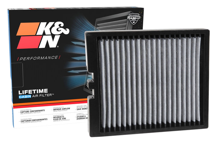 K&N cabin filter front packaging showing fit and benefits