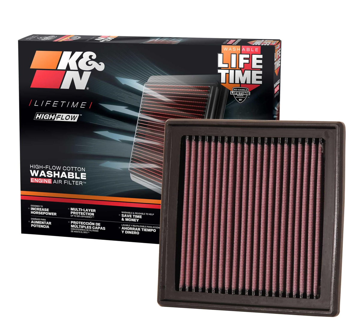 K&N front packaging showing filter ready for quick performance upgrade